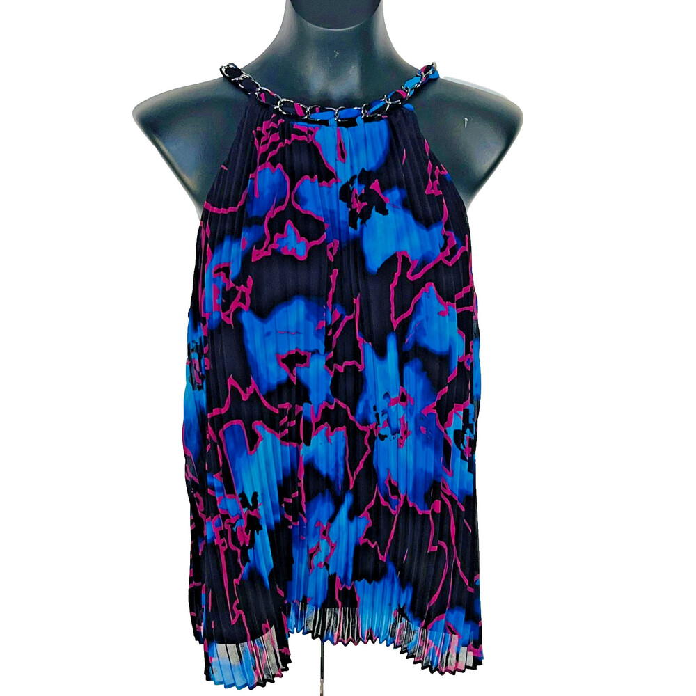 WHBM Womens Size 12 Tank Blouse Chain Accent Halter Abstract Lined Pleated
